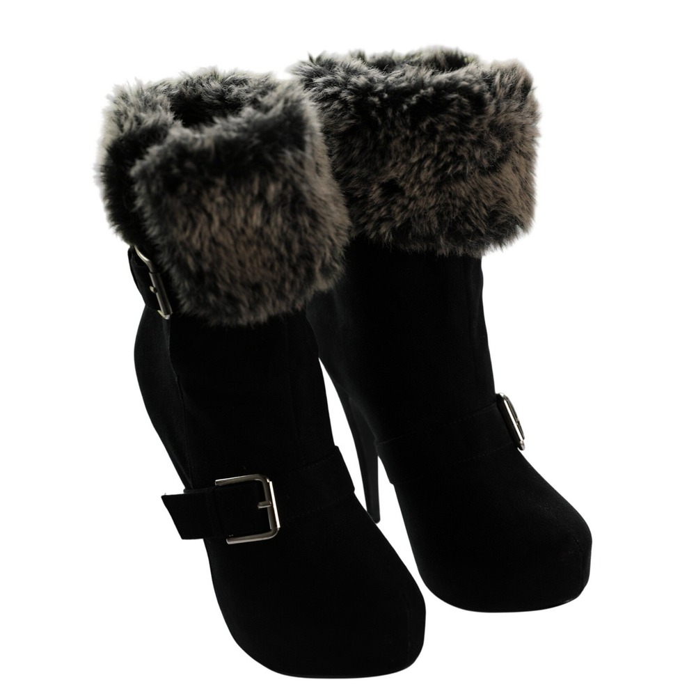 Black Faux Suede‎ Faux Fur Trim Stiletto Ankle Boots Buckle Detail Size 7.5 US